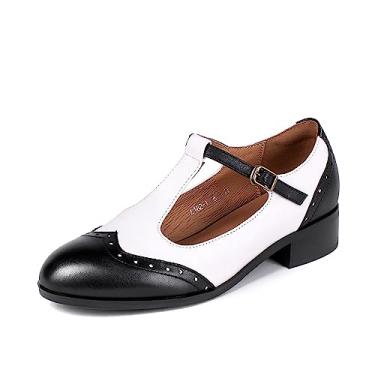 Imagem de Sailimy Mary Jane Sapatos femininos pretos sem salto grosso salto baixo plataforma costura retrô Oxford clássico bico redondo tira no tornozelo uniforme vestido escolar fivela tira sapato meio bloco, Couro genuíno Baw-t, 6.5