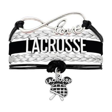 Imagem de Pulseira infinita de lacrosse – envoltório ajustável preto e prata com pingente de amor e lacrosse – joia esportiva presente para jogadores, treinadores ou times – estilo artesanal