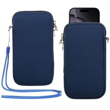 Imagem de Bolsa para celular de neoprene com zíper e cordão de pescoço compatível com iPhone 16 Pro Max Galaxy S25 Ultra S25+ S24 FE A16 A56 Oneplus 13 Pixel 9 Pro XL Xiaomi 15 Ultra (azul, médio)