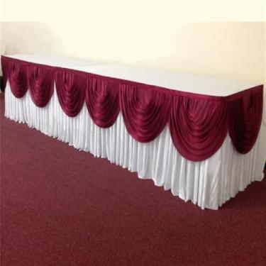 Imagem de Saia de mesa de seda prateada de 3 metros, inclui cortina, toalha de mesa para banquete, saia para festa de casamento, decoração para eventos, branca e bordô, 4,2 m de comprimento