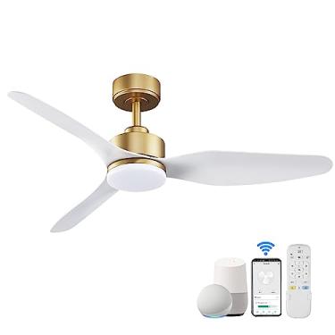 Imagem de Hoenofly Ventoinhas de teto inteligentes de 122 cm com luzes e controle remoto, luz LED regulável, ventilador de teto branco dourado para ambientes externos, motor CC silencioso, aplicativo Alexa WiFi