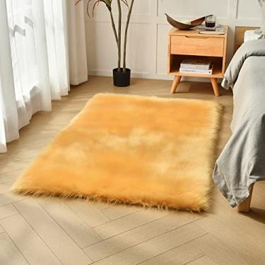 Imagem de duduta Tapete de pele de carneiro sintética amarela 0,9 x 1,5 m, tapete felpudo fofo para quarto de dormir, berçário, sala de jogos, antiderrapante, lavável