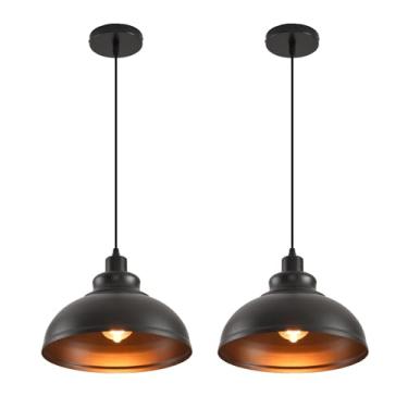 Imagem de Iluminação pendente luminárias industriais vintage, luminária pendente de fazenda, luminárias suspensas com sombra de metal (interior preto), luzes pendentes pretas industriais para corredor, cozinha