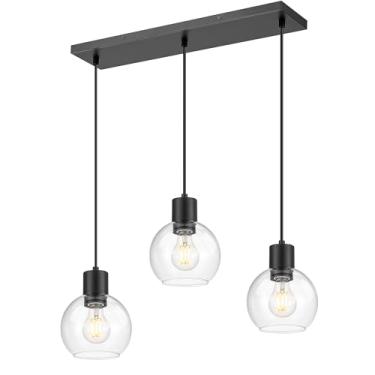Imagem de LMS Luzes de ilha de 3 luzes, lustres lineares pendurados em preto fosco para sala de jantar sobre mesa, lustres de fazenda para ilha de cozinha, luminárias pendentes com sombra de vidro globo