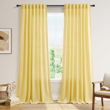 Imagem de Cortinas boho extralongas de 272 cm de comprimento, bolso amarelo e aba traseira filtrada e respirável semitransparente, cortina boêmia de borla para sala de estar, 132 x 272 cm, 2 painéis