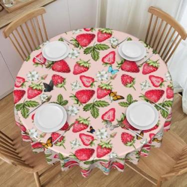 Imagem de AAVEUP Toalha de mesa redonda de morango, fruta, rosa, flor, morango, borboleta, para cozinha, casa, festa, sala de jantar, decoração 91 x 91 cm