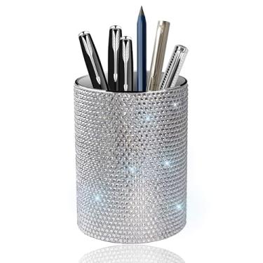 Imagem de Suporte de caneta de metal brilhante, organizador de mesa redondo de alumínio e caixa de armazenamento de pincéis de maquiagem para escritório, escola, casa e crianças, fundo de silicone