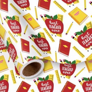Imagem de LeZakaa Rolo de papel de embrulho Teacher Appreciation, Best Teacher Ever, padrão de material escolar, embrulho de presente para estudantes, fim de aula, volta às aulas, formatura, mini rolo 43 cm x
