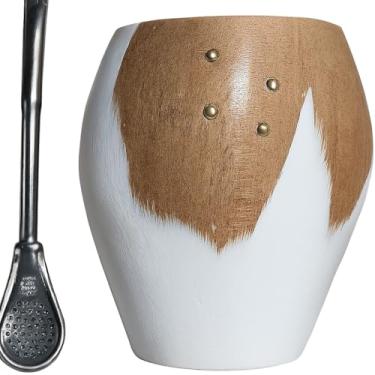 Imagem de ALMAOS Conjunto de cabaça tradicional de erva mate, copo de madeira feito à mão com canudo de bombilla de metal, marrom e branco, modelo ranchero, para beber mate argentino tradicional