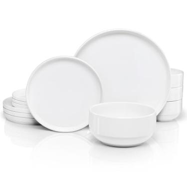 Imagem de Conjunto de louça de cerâmica, serviço de 12 peças para 4, tigelas de sopa (893 g), pratos de salada (19 cm), pratos de jantar (27 cm), redondos, seguros para micro-ondas e lava-louças, branco