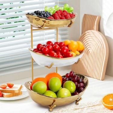 Imagem de Conjunto de Pratos de Fruta de Três Camadas, Fruteira, Fruteira de Mesa 3 Andares, smalte Colorido a Alta Temperatura + Prato de Fruta em Forma de Yuanbao Banhado a Ouro de Luxo, Conceção Separável