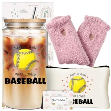 Imagem de Conjunto de presentes de beisebol engraçados para mulheres, copo de vidro de lembrancinha de festa esportiva com meias de saco de cosméticos, presentes de agradecimento para jogador de treinador de