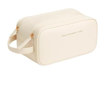 Imagem de Necessaire Bolsa Organizadora de Maquiagem Couro Sintético Grande Capacidade com Duas Camadas, Alça Lateral, Divisórias Internas e Suporte para Pincéis – Ideal para Viagem (Gelo)