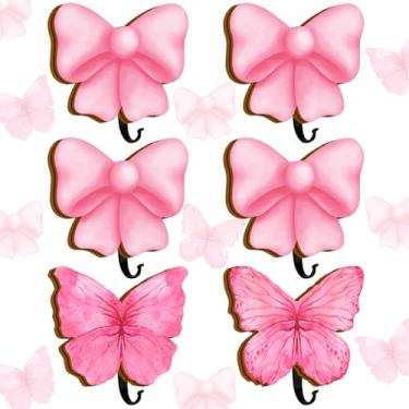 Imagem de 6 peças de ganchos para casaco de borboleta rosa de madeira, ganchos fixados na parede, roupas de meninas, chapéu, chaveiro, cabideiro, rosa, crianças, toalheiro, gancho decorativo de madeira para