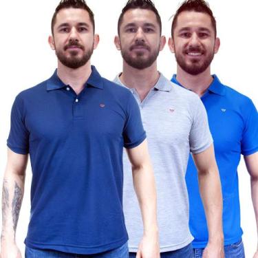 Imagem de Kit 3 Camisas Gola Polo Masculina Piquet Lisa Camisaria Colombo, Azul 