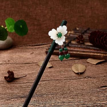 Imagem de Gancho de cabelo de madeira vintage, estilo chinês, flor enrolada, gancho de cabelo com borla, grampo de cabelo clássico para senhora