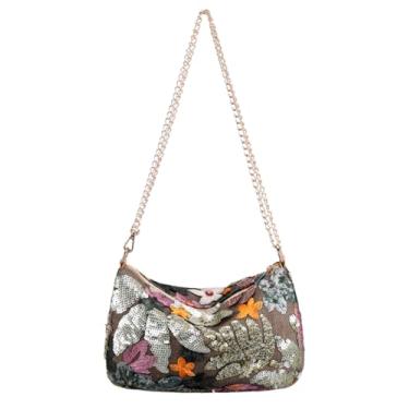Imagem de RARITYUS Bolsa feminina bordada floral de lantejoulas brilhante bolsa de ombro tiracolo bolsa clutch nupcial com corrente, Verde, One Size