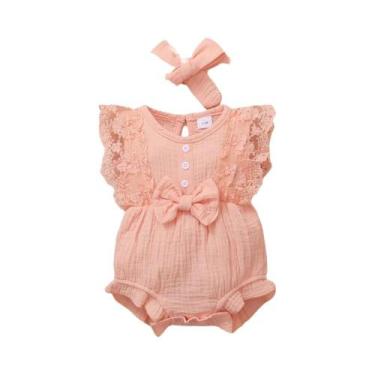 Imagem de Macacão Bebê Menina (0-18 Meses) - Sem Mangas, Renda, Arco e Bandana, 