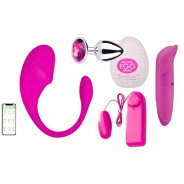 Imagem de Kit Sexshop Casal Feminino – Vibrador App Bluetooth Ponto G e Clitóris + Plug Anal + Bullet Cápsula + Masturbador Egg