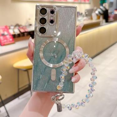Imagem de Capa com pulseira de cristal gradiente com glitter em formato de coração para Samsung S25 Ultra, capa magnética para Samsung S24 Ultra, S23FE, S22, S21, capa macia, verde, para Samsung S24 FE