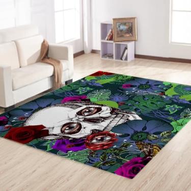 Imagem de Tapete floral gótico de cabeça de caveira para quarto, sala de estar, tapetes decorativos de esqueleto assustador 7 x 12 cm, tapete decorativo de Halloween