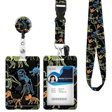 Imagem de Porta-crachá de identificação com cordão retrátil e chaveiro, carretel de crachá com clipe de mosquetão giratório, esqueleto de dinossauro, etiqueta de nome, cordão, protetor de identidade, clipes