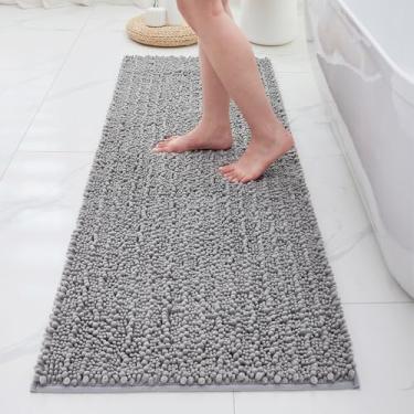 Imagem de ILANGO Tapetes de banheiro cinza claro 152 x 61 cm, tapetes de banho de chenille absorventes extramacios, tapete de banho grosso, antiderrapante, felpudo, lavável na máquina, tapetes de banho de
