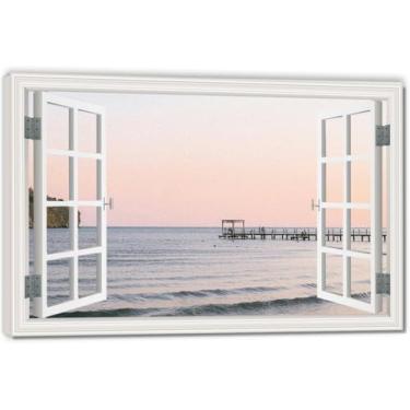 Imagem de On The DockImpressão artística em tela de ilusão de janela falsa, arte de parede com vista panorâmica real para sala de estar 50 x 75 cm emoldurada