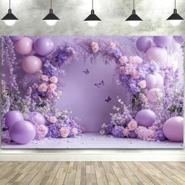 Imagem de 2,1 x 1,5 m pano de fundo de borboleta floral roxa flor lavanda balão de fotografia para meninas, festa de aniversário, princesa, capina, chá de bebê, pano de fundo, adereços de estúdio fotográfico