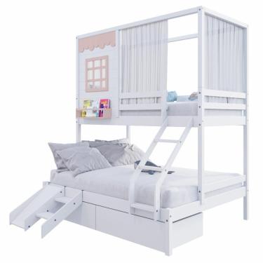 Imagem de Beliche Casinha Reta Casal- Solteiro Com 02 Gavetas Escorregador E Cortina Madeira Branco- Rosa