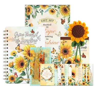 Imagem de Conjunto de presente de girassol para mulheres – 25 folhas de agenda, mais de 600 adesivos, diário semanal de oração, chaveiro de crochê, marcador de página de metal, 30 cartões de oração, presente