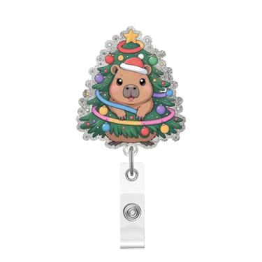 Imagem de Carretel de crachá de árvore de Natal retrátil para crachá de capivara com jacaré e clipe de identidade, carretel de crachá de Natal para enfermeira, médico, estudante, trabalhador de escritório
