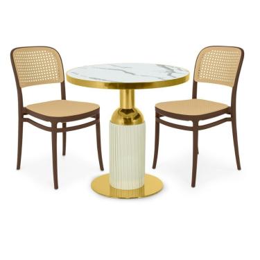 Imagem de Conjunto Mesa De Jantar Redonda Imperial 70cm Branca Com 2 Cadeiras Roma - Marrom