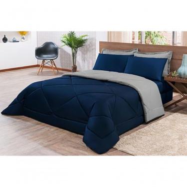 Imagem de Kit Edredom + Jogo De Lençol Aconchego Look House Dupla Face Casal King 06 Peças - Azul E Cinza