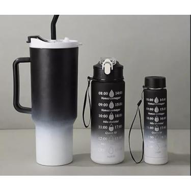 Imagem de Kit 3 Garrafa Copo Tendência Agua Squeeze Com Adesivos Lembretes beber Agua 500-1200ml(KIT 3 PRETO 1200-500-300ML)