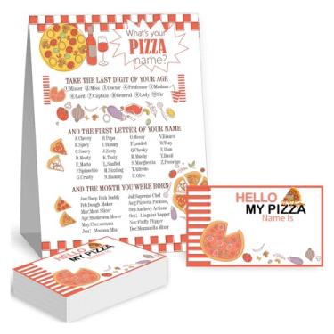 Imagem de Besttile Pizza Theme What's Your Pizza Name Game Card,Including 1 Pizza Sign and 30 Stickers,Perfect for Birthday Game for Kids and Adult Parties