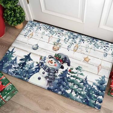 Imagem de Tapete de porta interior de boneco de neve de Natal - 40,6 cm x 61 cm, tapete de boas-vindas antiderrapante para árvore de Natal azul para uso externo, folhas de eucalipto, tapete de porta frontal de