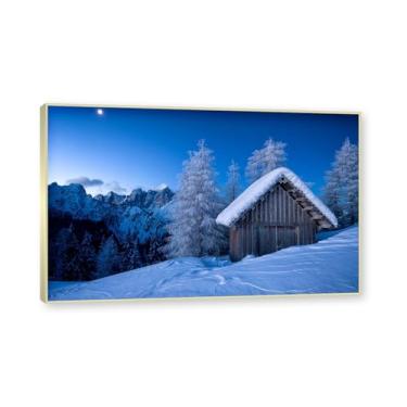 Imagem de NHLDZYH Moldura de champanhe. Arte de parede em tela de paisagem de inverno, (cabana alpina iluminada pela lua), cena de natureza emoldurada para sala de estar, quarto, cena de inverno tranquila