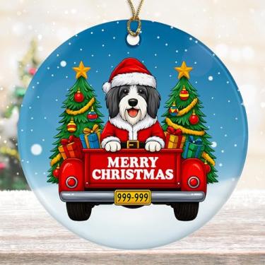 Imagem de DamienBrightGift Enfeite de Natal de Papai Noel Bearded Collie - Caminhão vermelho de cerâmica com decoração de árvore - Presente de lembrança de feriado para amantes de cães fofos - Decoração de
