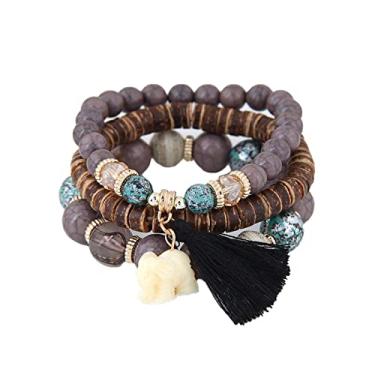 Imagem de Caiyao Conjunto de pulseiras elásticas de madeira com contas de madeira empilháveis com pingente de elefante para mulheres, homens, meninas, meninos, adolescentes, multicamadas, multicamadas, resina