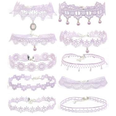 Imagem de Ximerinf Conjunto de colar de gargantilha de renda rosa, 10 peças, Large, Zinco, Sem Pedra Preciosa