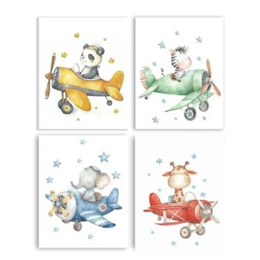 Imagem de Frimeeme Impressões de berçário de avião, arte de parede de berçário de avião, arte de parede de berçário de animais de safári, conjunto de 4, 8 x 10, sem moldura