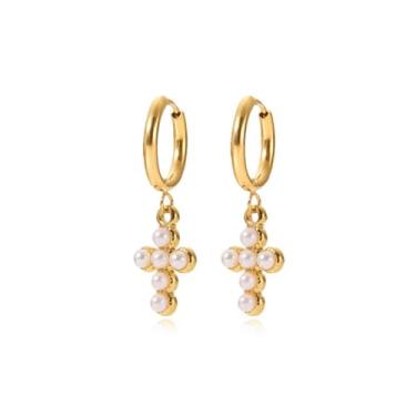 Imagem de Brincos de cruz de pérola para mulheres, brincos de argola de ouro delicados, acessórios de joias modernas para roupas de férias, Metal, Sem pedra preciosa