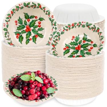Imagem de Whaline 100 tigelas de papel de Natal verde vermelho azevinho tigelas descartáveis para servir aquarela feriado salada tigela de sobremesa para Natal, suprimentos de festa de inverno