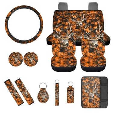 Imagem de gearider Conjunto de capas de assento automotivo de veado, 13 peças, capa de volante, almofada de cinto de segurança, camuflado, caça, floresta, apoio de braço, porta-copos, chaveiro, suporte de
