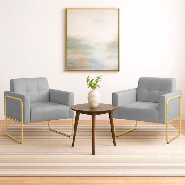 Imagem de Poltrona Sala Industrial Alta Tubo Dourado Kit 2 Elisa Sintético Cinza D03 - D`rossi