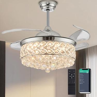 Imagem de DuMaiWay Ventilador de teto de lustre regulável de 106.7 cm, lustre, ventilador retrátil invisível reverso silencioso motor ventilador de teto para quarto, sala de estar, jantar, prata, polido