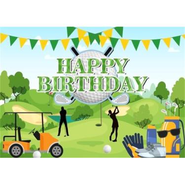 Imagem de XMJJKUF Pano de fundo de aniversário com tema de golfe, 3 x 2,4 m, fundo verde para fotografia de desenho animado, tema esportivo, suprimentos para festa de aniversário, chá de bebê, recém-nascido