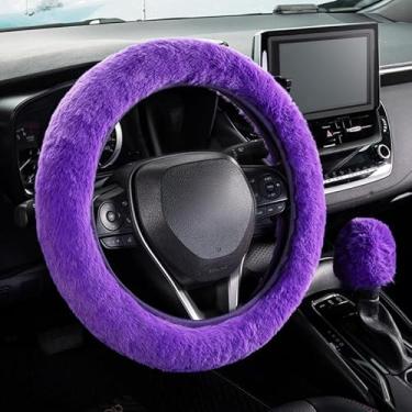 Imagem de Conjunto de 2 peças de capa de volante de carro peludo com capa fofa para mudança de marcha, macia, quente, antiderrapante, decoração de carro para mulheres e meninas (roxo)