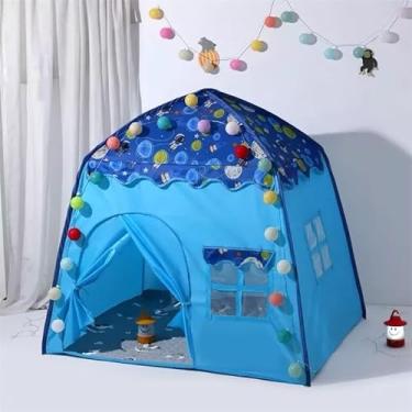 Imagem de Barraca Infantil Portátil Azul com Tema Espacial Astronauta, Casinha de Brincar com Janelas em Tela, 130x100x130cm, Fácil Montagem para Meninos